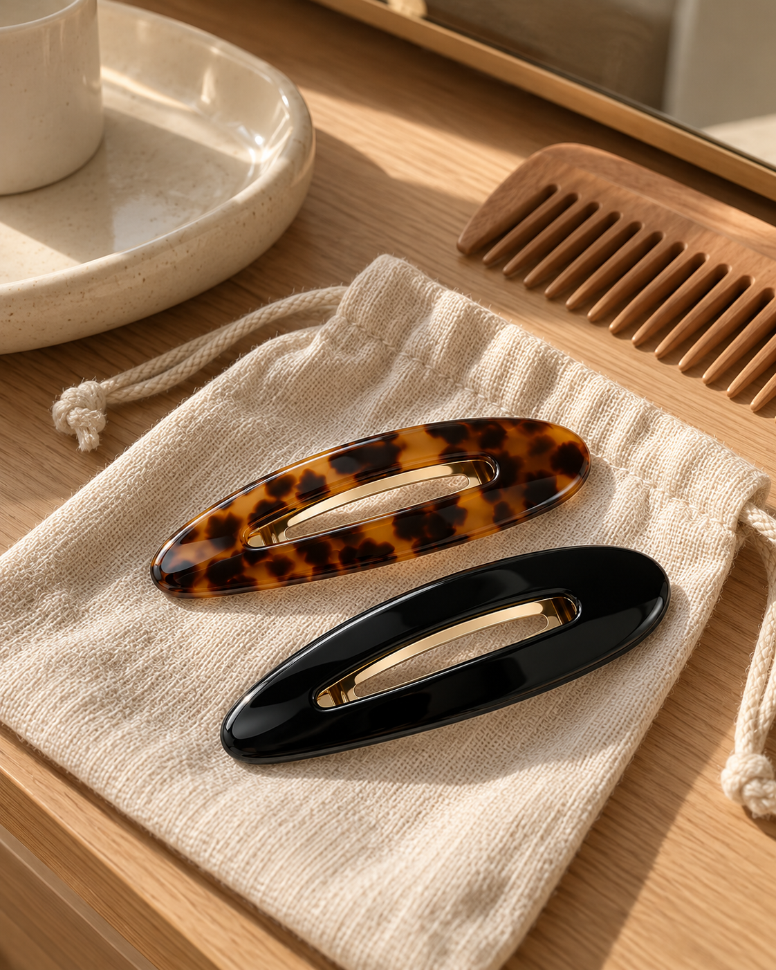 Tortoiseshell and black flat hair clips on a cotton pouch