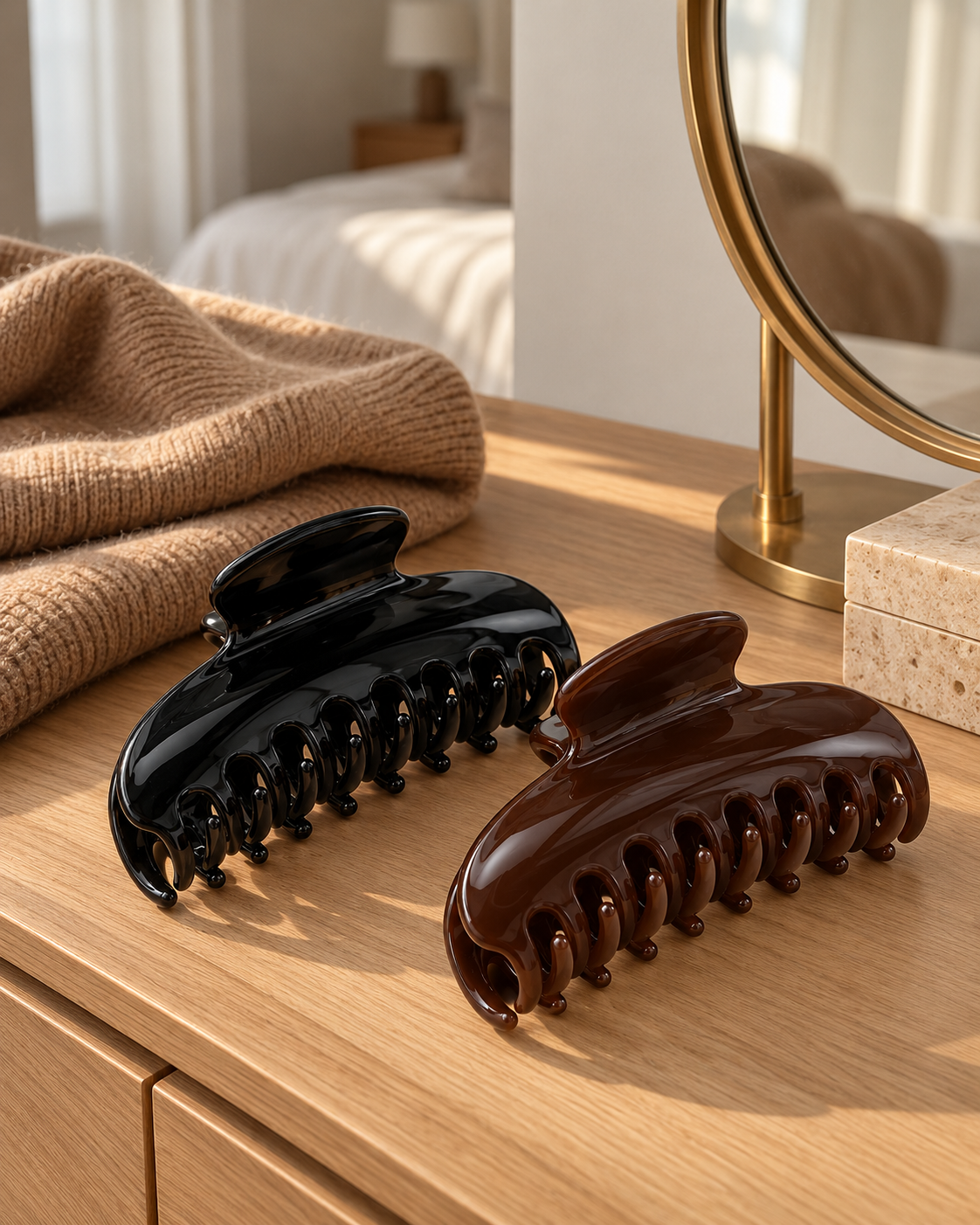 Black and espresso brown claw clips on a wooden dresser