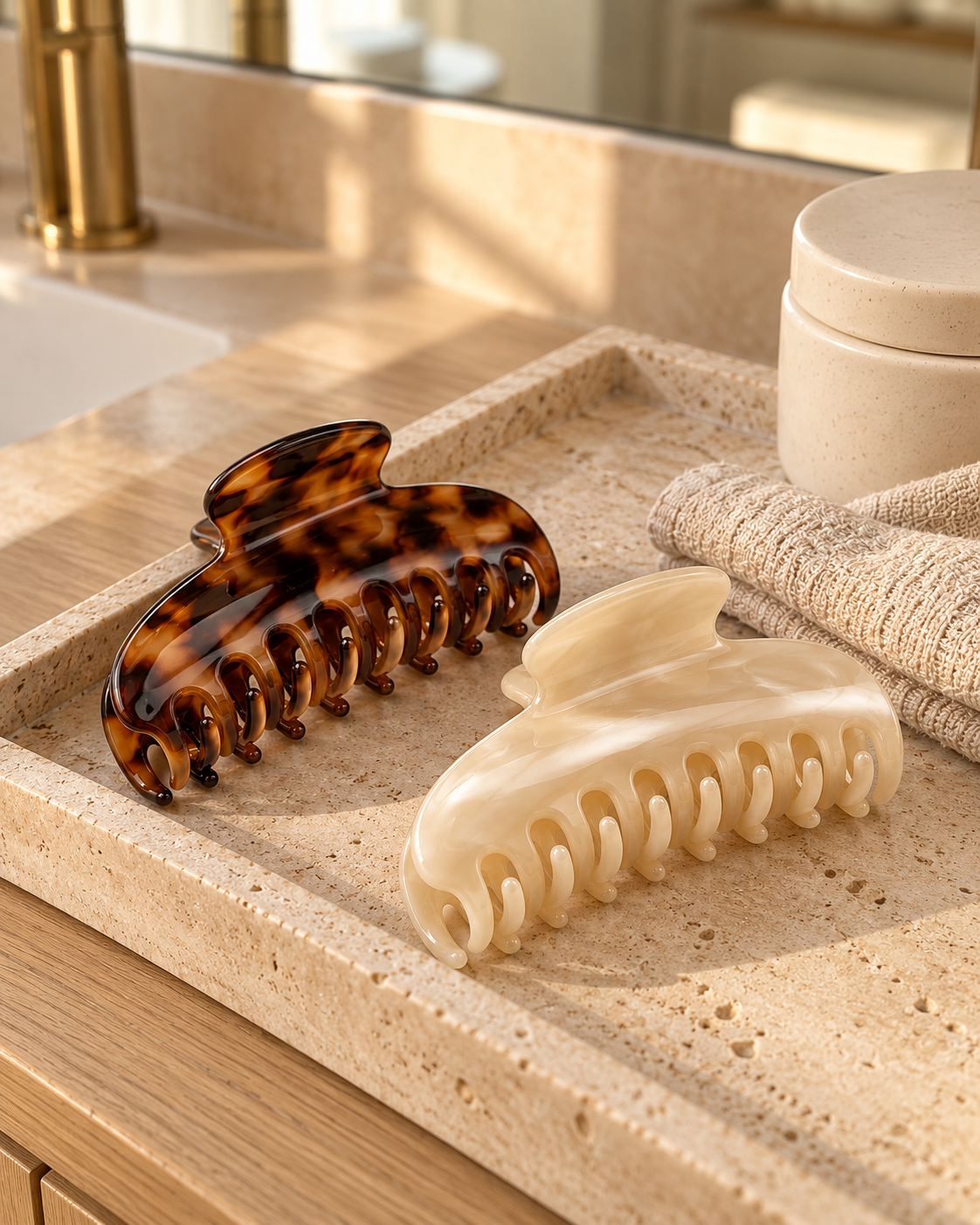 Tortoiseshell and cream claw clips on a travertine vanity tray