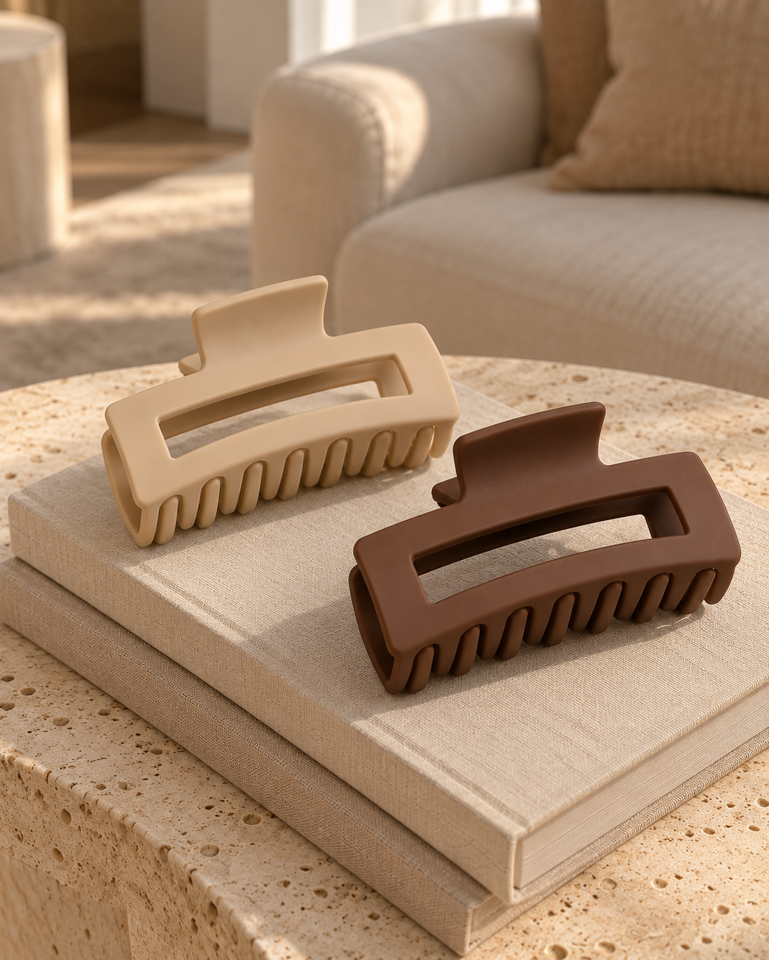 Matte beige and brown square claw clips on a linen book